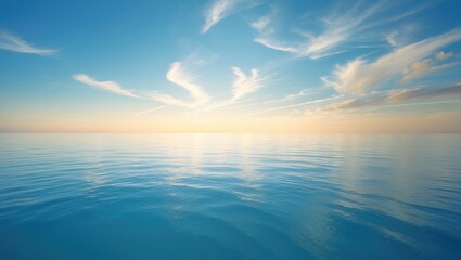 Plakat Landscape beautiful summer panorama with wide horizon view from the shore of the open sea and beach, featuring a clean blue sky background and calm nature, where ocean waves gently lap at the water...