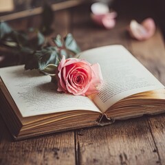 open book on wooden table with rose