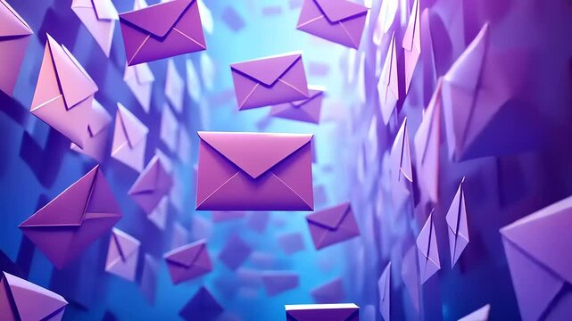 A vibrant digital scene of floating purple envelopes in a blue abstract background, symbolizing communication
