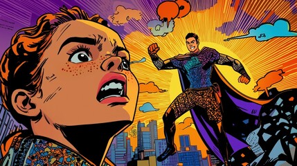 Dramatic comic book superhero close-up with dynamic action and cityscape background