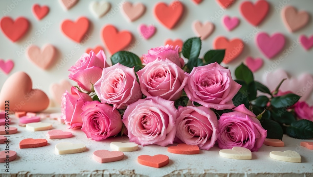 Poster backdrop for valentine's day showcasing pink roses and heart shapes. area available for text.