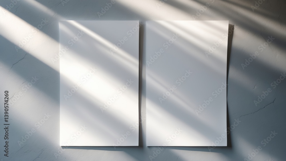 Poster two blank white vertical rectangle poster or business card mockups featuring diagonal window shadows