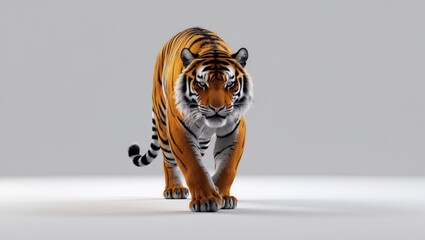 Tiger stalking, advancing and gazing at the camera, isolated
