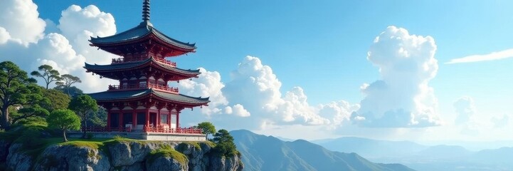 Obraz premium Serene ancient pagoda, blue sky, fluffy clouds , photo, oriental, photography