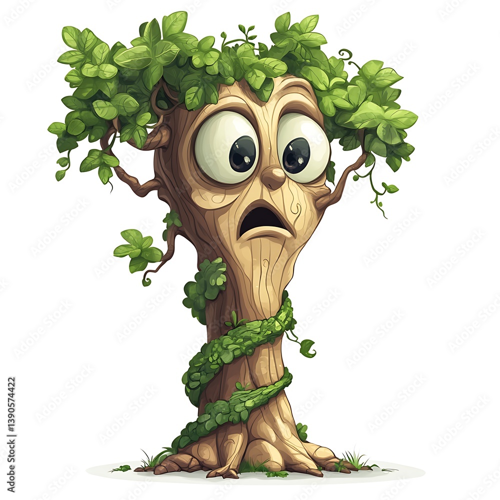 Poster surprised tree: an adorable illustration of a tree with a surprised expression. leaves forming a cro