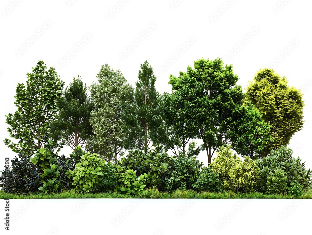 Poster lush trees and greenery: a vibrant display of varied trees and bushes in a verdant arrangement. this