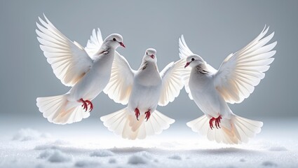 Obraz premium three free-flying white doves isolated on a white