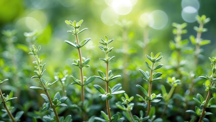 Obraz premium Thyme - a perennial herb with small aromatic leaves. Close-up photo of fresh green thyme growing in an outdoor garden, selective focus.