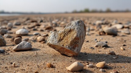 Heart-Shaped Rock on Sandy Beach with Pebbles