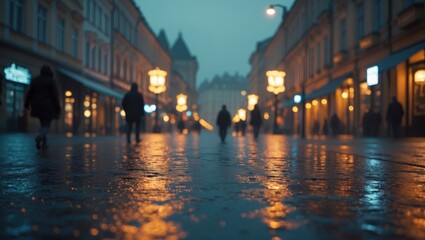 The old town street. Shops, signs, people engaging in their daily activities, life. A deserted roadway. Rainy weather.