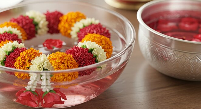 Garland of merigold flowers in a thicket with water. Banner template for congratulations on Hindu holidays, religious festivals with space for text