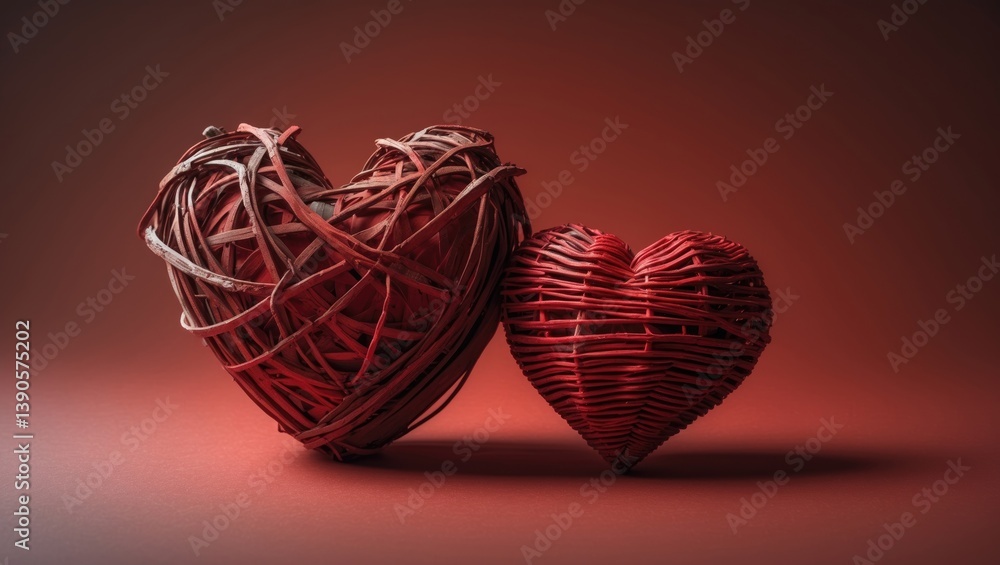 Poster two red wooden hearts on a gradient red paper backdrop. copy space.