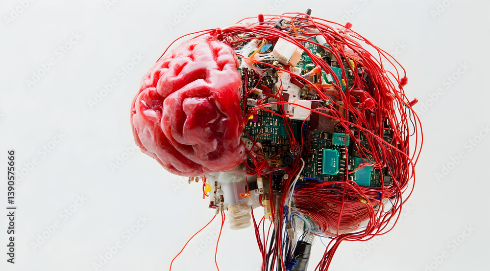 Poster a detailed photograph of an anatomical model made from electronic components and wires. the brain is
