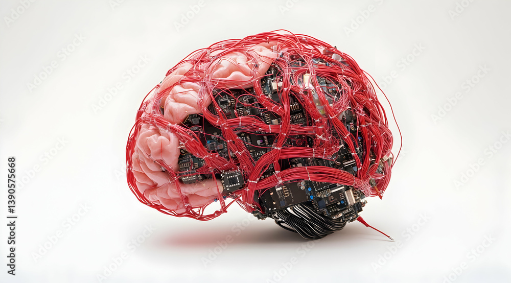 Poster a detailed photograph of an anatomical model made from electronic components and wires. the brain is