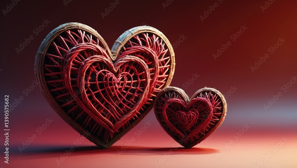 Aufkleber two crafted red hearts placed on a gradient red paper backdrop. copy space.
