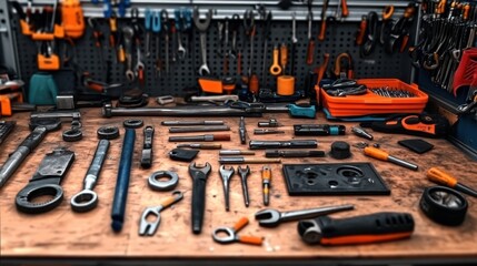 Fototapeta premium Mechanic tools laying on workbench in workshop