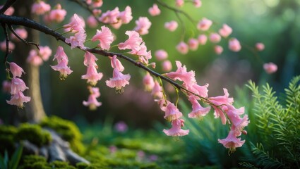Curved thin twig adorned with numerous pink flowers in a spring garden. Nature's beauty.