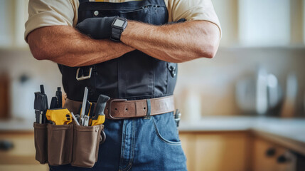 Confident handyman with arms crossed, wearing tool belt in kitchen