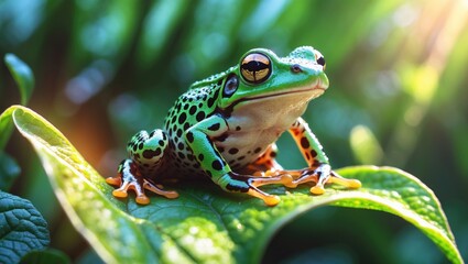 The milk frog close-up on green foliage, tree frog on green leaves. The mission golden-eyed tree frog.