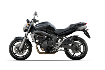 Side view of a black sport motorcycle isolated on white background
