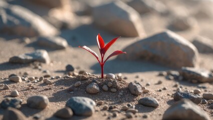 Three Leaf Yam Plant emerging in sandy soil, red in color, macro shot, with a blurred background.