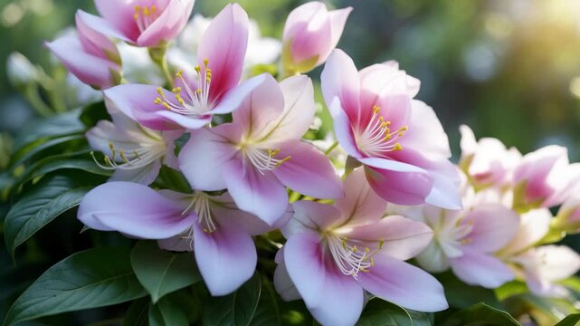 Catawba rhododendron flowering with pale lavender buds that develop into bell-shaped, white blossoms with a greenish-yellow spot in the park.