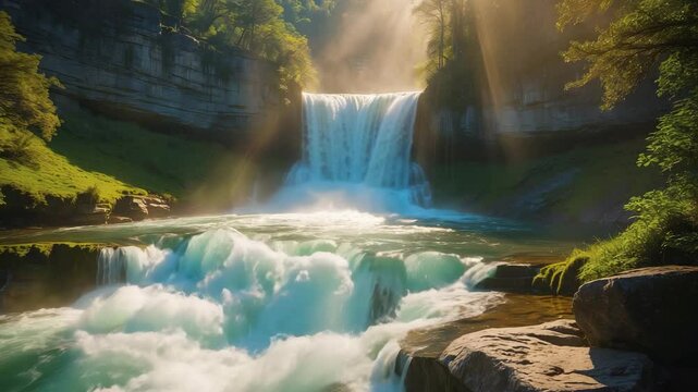 A stunning video of a waterfall cascading with sunlight glinting off the moving water.