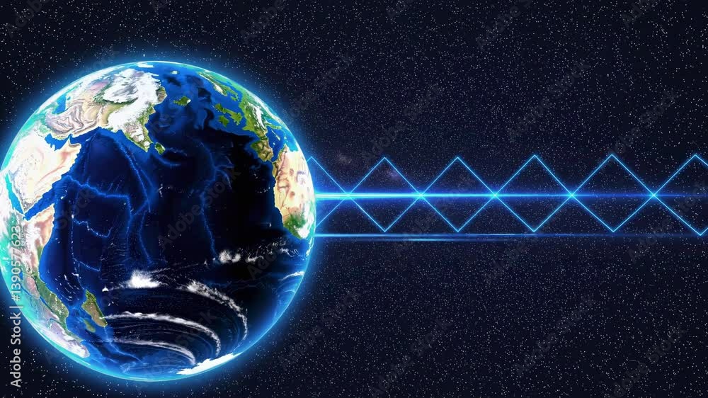 Poster planet earth is sending a futuristic blue laser beam signal into deep space with visible europe and 