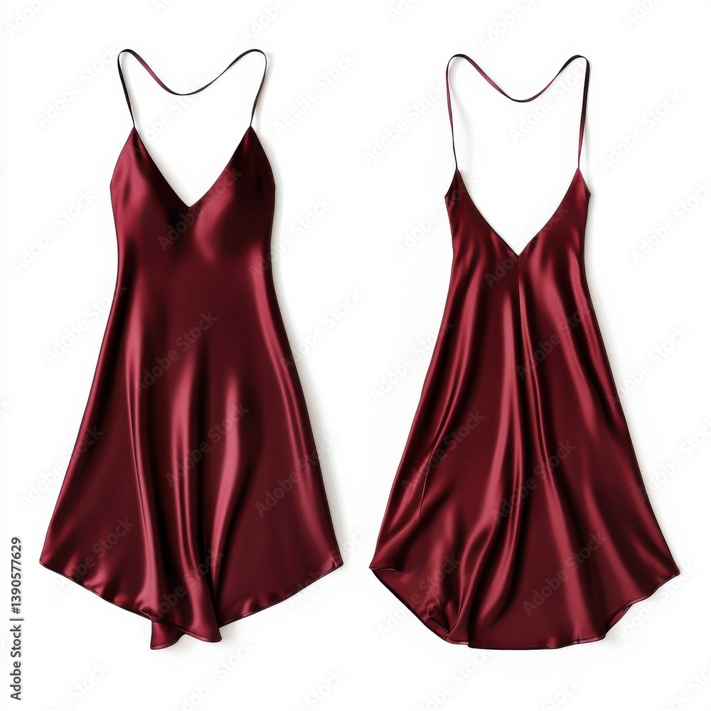 Poster elegant burgundy satin dress displayed against a white background highlighting its sleek design and 
