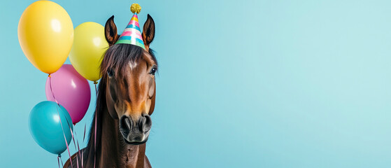 Happy Birthday, carnival, New Year's eve, sylvester or other festive celebration, funny animals card - horse with party hat and colorful balloons, pastel blue background