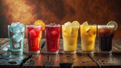 Refreshing soda beverages with ice cubes on wooden tabletop. Banner design featuring space for text.