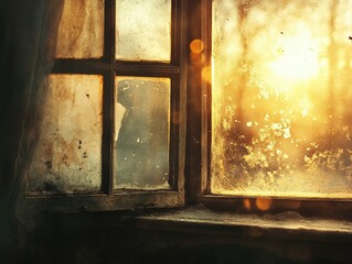 Weathered multi-paned window with sunlight and dust, vintage grunge aesthetic