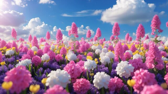 Carpet of flowers. Shades of pink, purple, and white under a blue sky.
