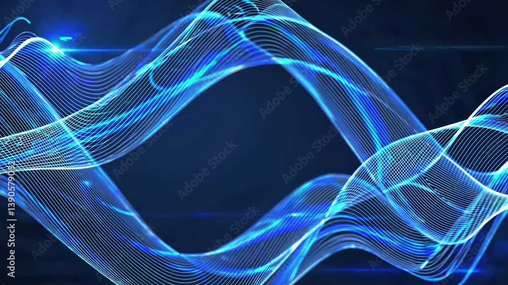 Poster glowing blue light trails are flowing and waving on dark background, creating an abstract and futuri