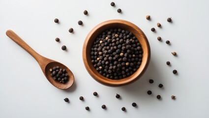 Wooden bowl with black pepper or peppercorns and spoon isolated on white background, top view