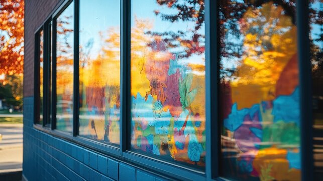 Reflective windows showcase fall colors and painted colorful foliage