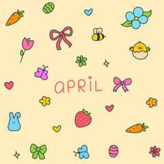Hello April . Cute set of spring elements. Birds, flowers, insects, leaves.  flowers in bloom, geese and rabbits, vintage style, vector design. Happy Easter poster. Easter eggs and bunny in flowers 