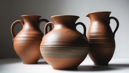 three clay vases set against a white backdrop