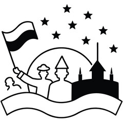 Vector illustration set featuring a cartoon castle silhouette on a hill and a house in the woods, perfect for travel or holiday card design