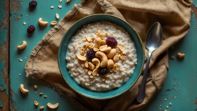 Delicious rice pudding with nuts and raisins in a bowl, close-up on the table. Overhead horizontal view.