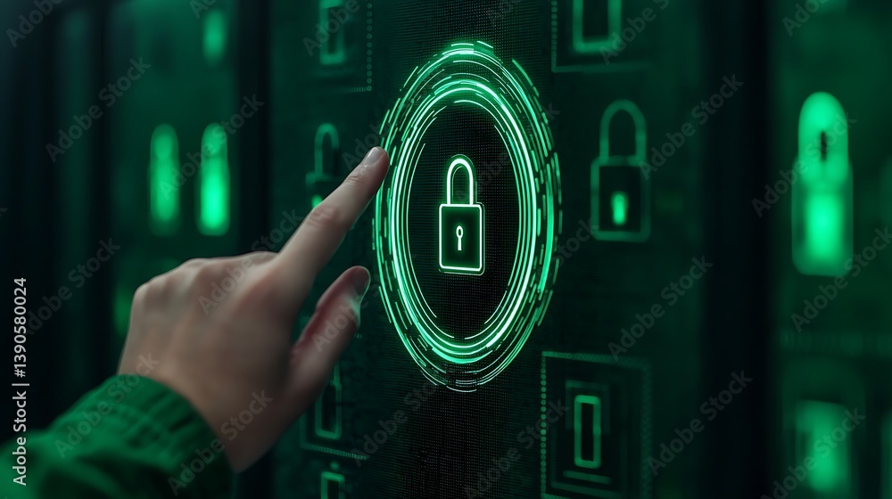 Poster hand interacts with digital interface with glowing lock, representing data privacy, access managemen