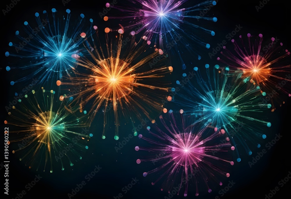 Poster ethereal light show, a captivating abstract design. vibrant orbs, shimmering streaks create dynamic 