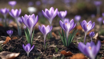 Vibrant purple crocuses in the meadow showcasing nature's exquisite beauty at its peak.