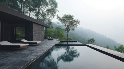 Modern minimalist villa with infinity pool in serene mountain landscape surrounded by lush greenery and misty atmosphere