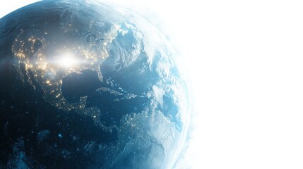 Fototapeta premium A cosmic view of Earth as atmosphere, glowing ozone layer visible from space, UV rays being reflected, ultra-realistic digital rendering, isolated on white background,