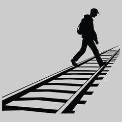 A figure walking along an abandoned railway track silhouette vector design art and illustration