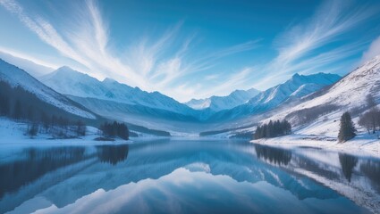 Fototapeta premium Panoramic view of a stunning white winter wonderland landscape featuring snowy mountain peaks mirrored in a crystal clear mountain lake on a chilly sunny day under a blue sky with clouds.