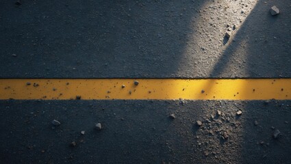 Fototapeta premium Surface texture of asphalt with a rough grunge appearance, seamless dark grey tarmac featuring a yellow line on the road and small rocks, background texture, top-down view.