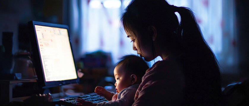Asian mother working late with baby on lap at computer in dimly lit room, illustration modern parenting, remote work and digital life balance.