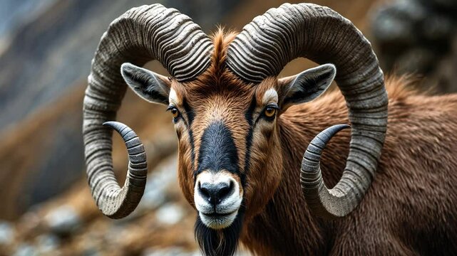 Close-up footage of a Central Asian wild goat. The males have tightly coiled, corkscrew horns that can grow up to 160 cm long.